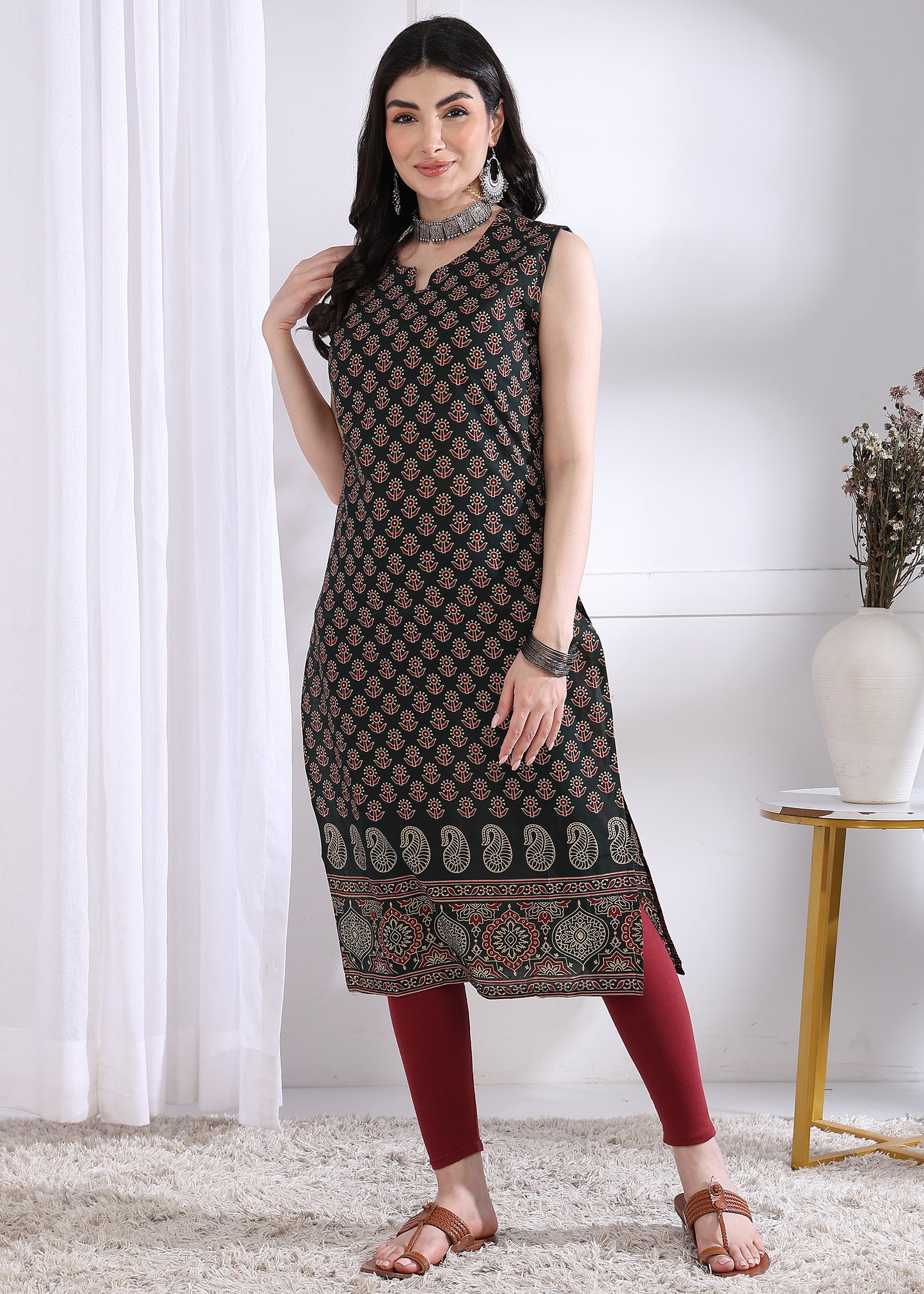Black Floral Print Straight Cotton Kurta