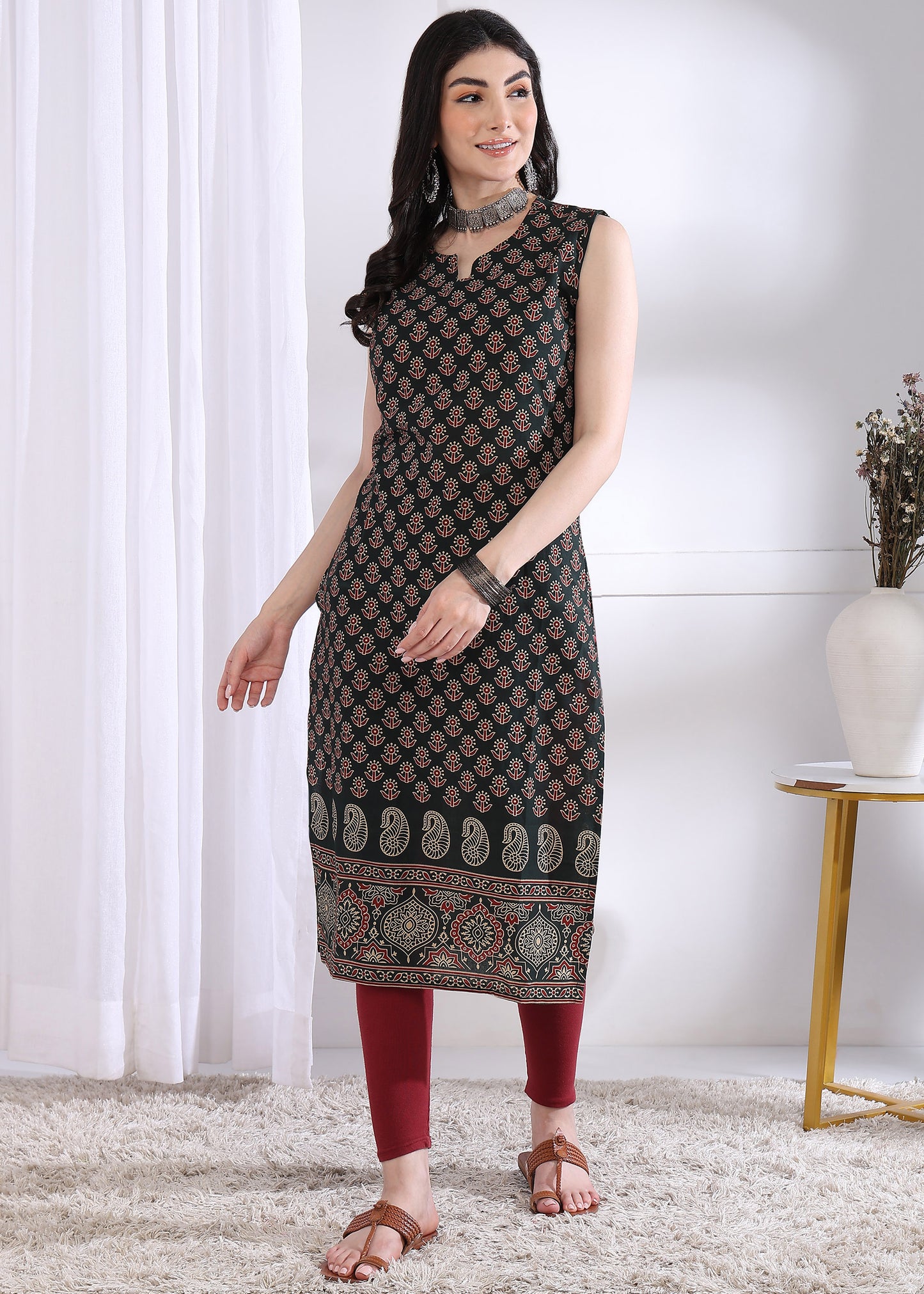 Black Floral Print Straight Cotton Kurta