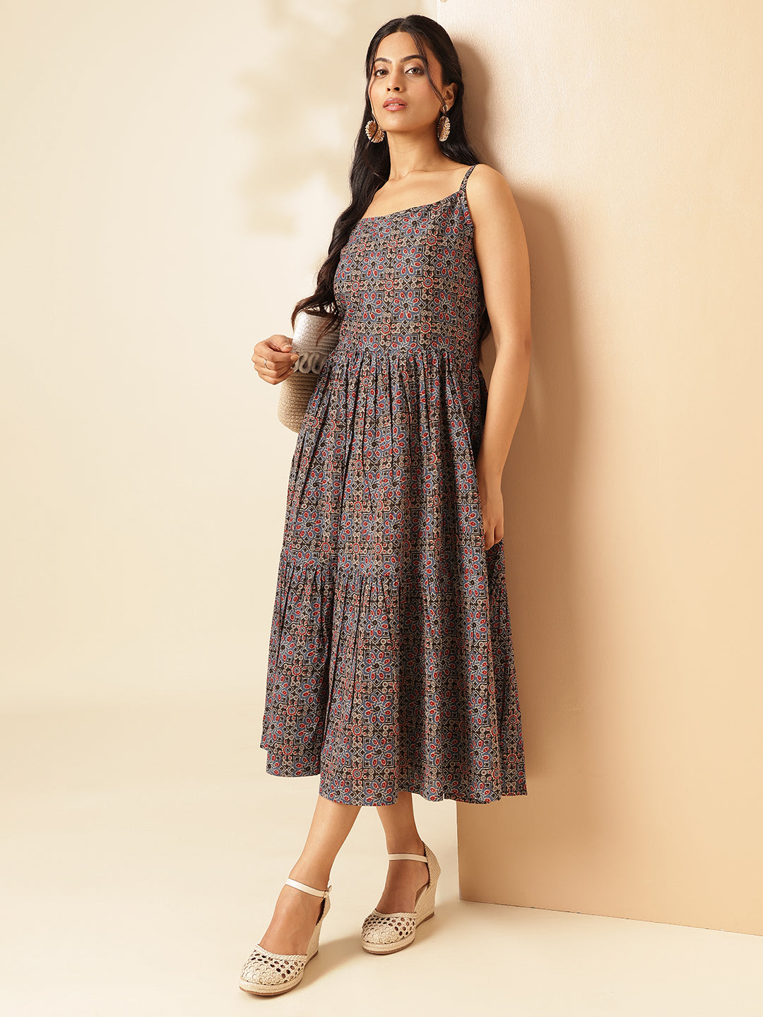 Black Geometric Printed Flared Cotton Stitched Dress
