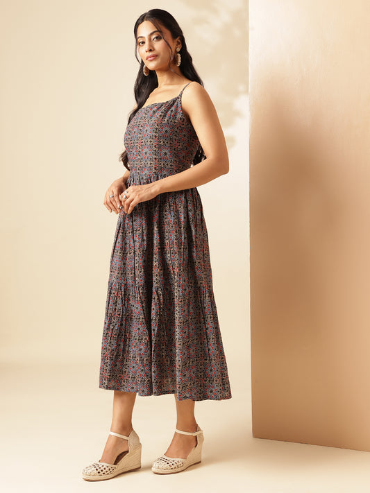 Black Geometric Printed Flared Cotton Stitched Dress