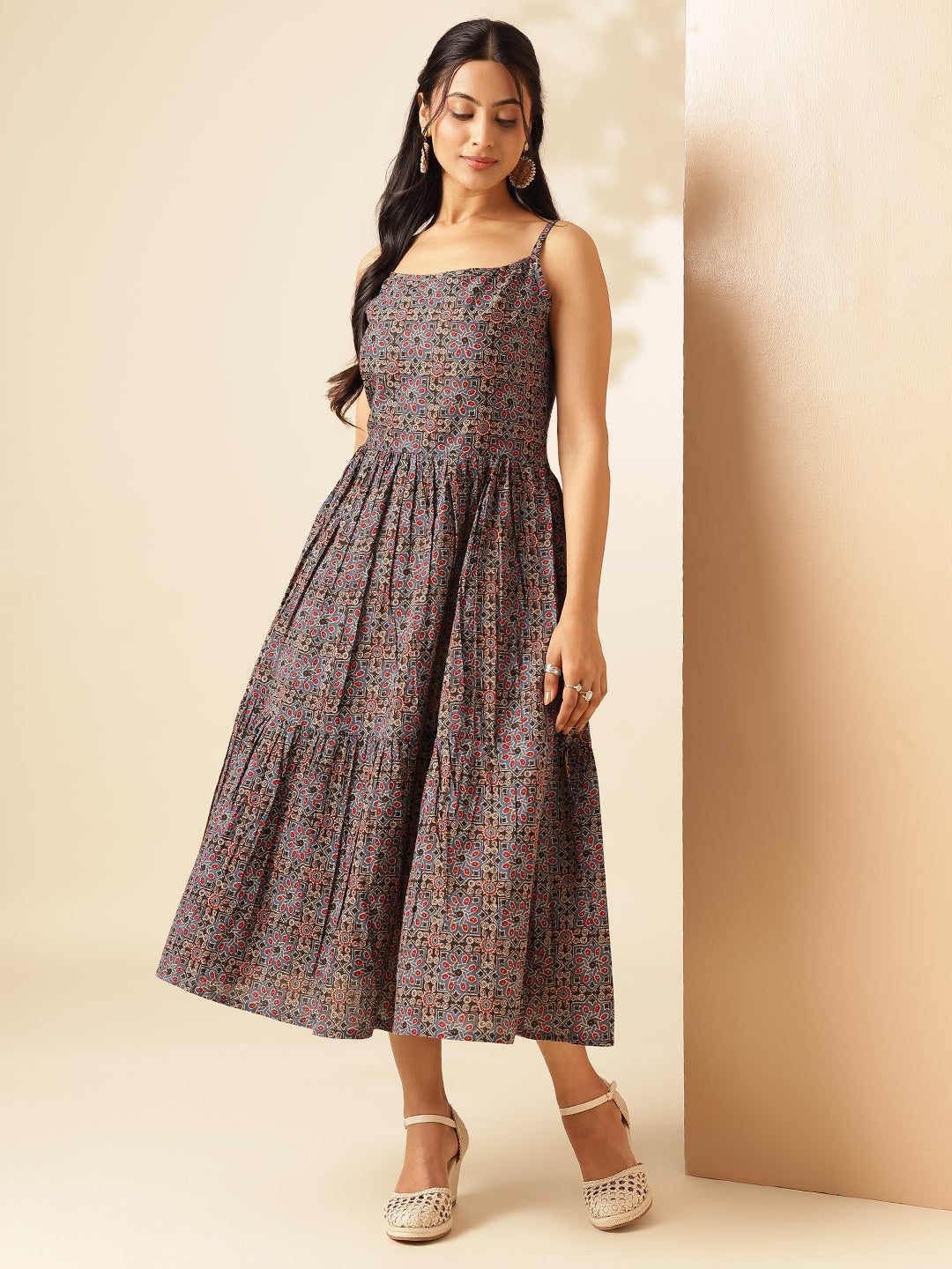 Black Geometric Printed Flared Cotton Stitched Dress