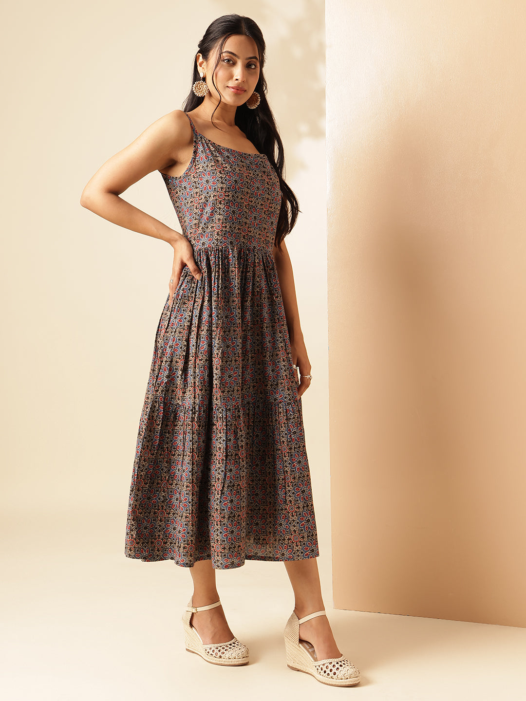 Black Geometric Printed Flared Cotton Stitched Dress