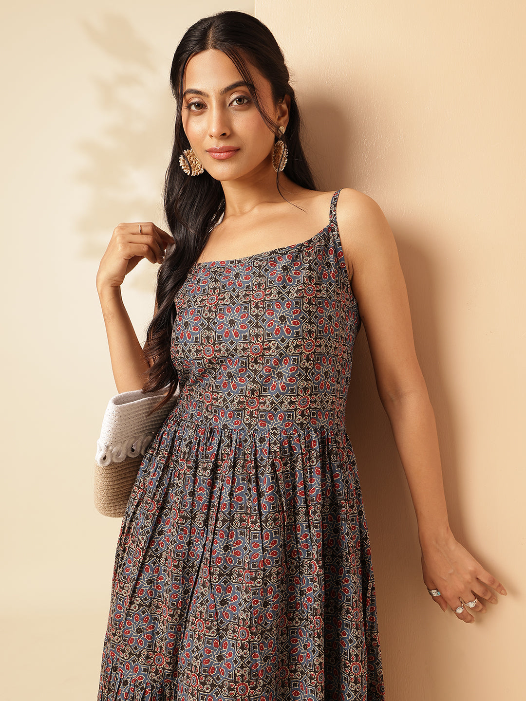 Black Geometric Printed Flared Cotton Stitched Dress