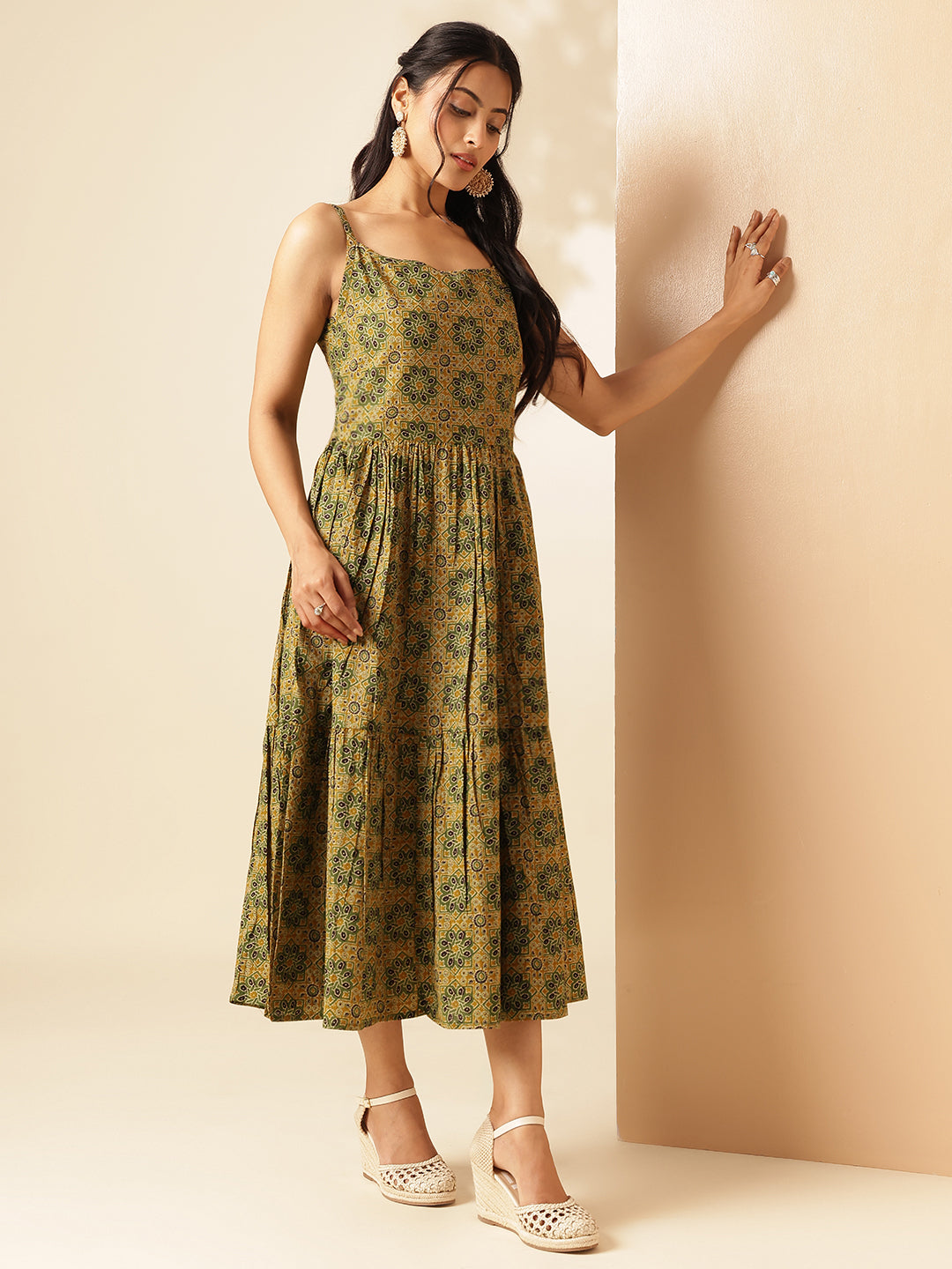 Mustard Geometric Printed Flared Cotton Stitched Dress