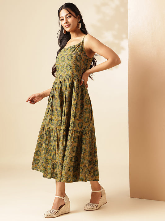 Mustard Geometric Printed Flared Cotton Stitched Dress