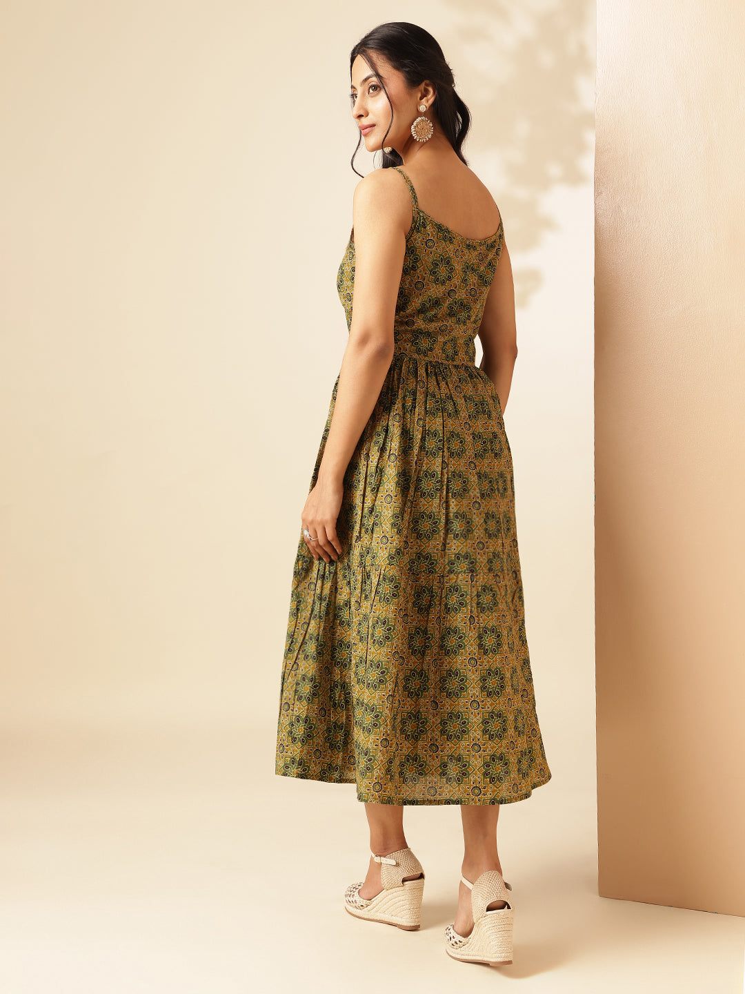 Mustard Geometric Printed Flared Cotton Stitched Dress