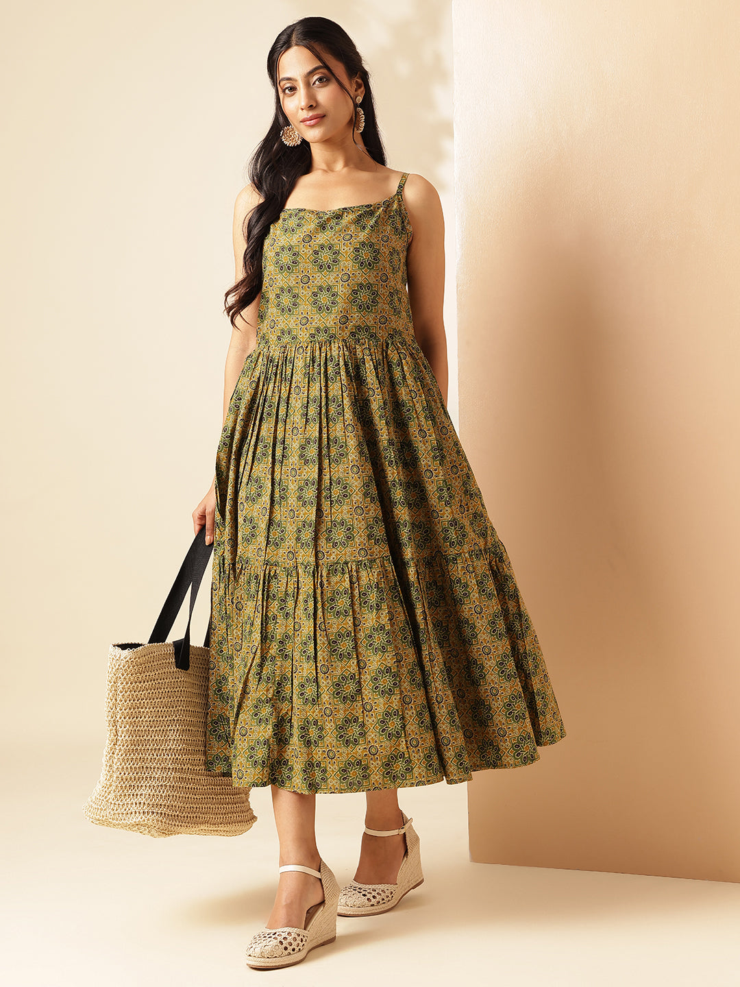 Mustard Geometric Printed Flared Cotton Stitched Dress
