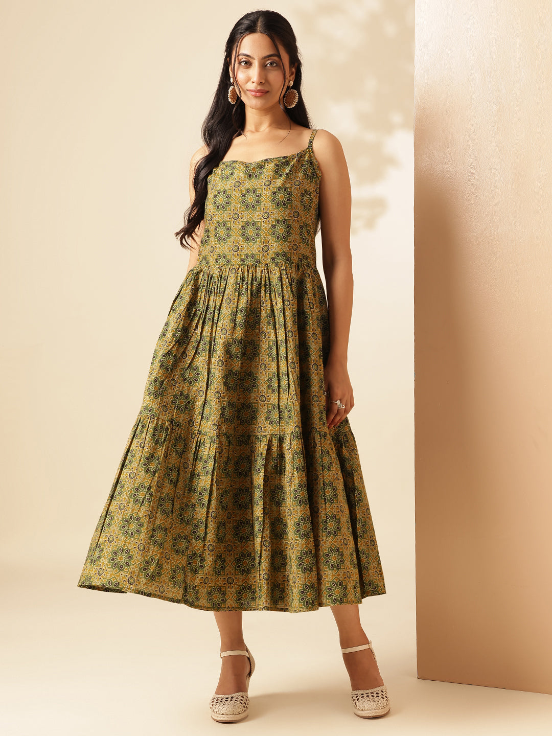 Mustard Geometric Printed Flared Cotton Stitched Dress