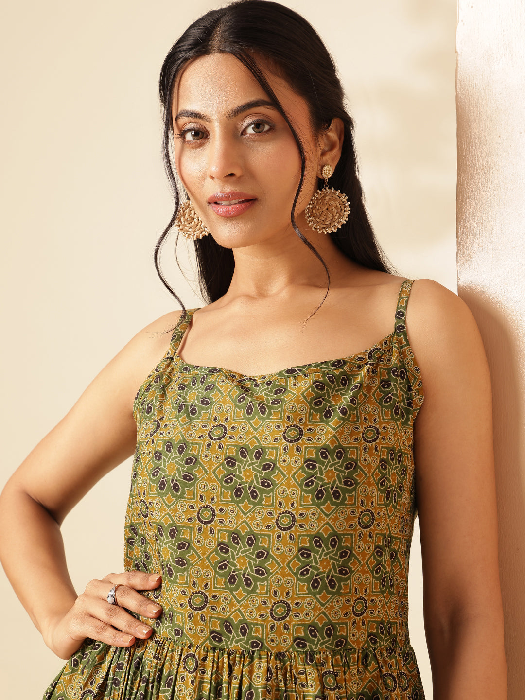 Mustard Geometric Printed Flared Cotton Stitched Dress
