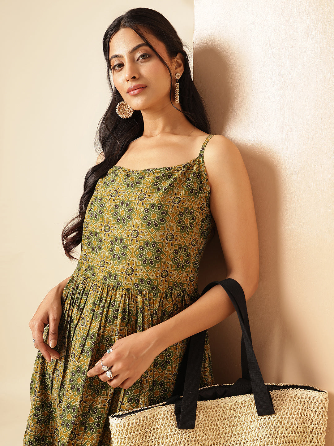 Mustard Geometric Printed Flared Cotton Stitched Dress