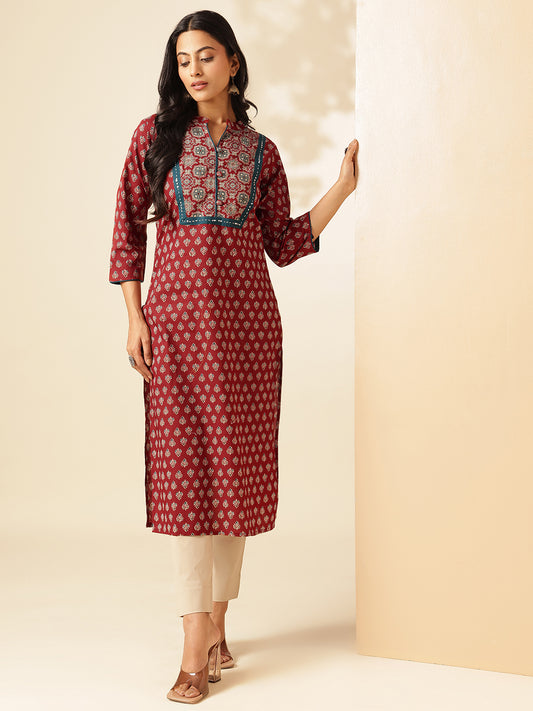 Maroon Floral Printed Straight Cotton Kurta