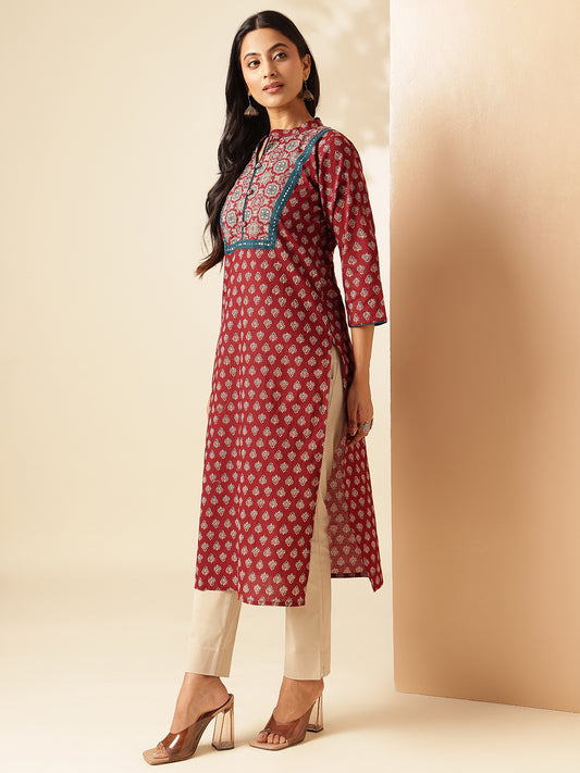 Maroon Floral Printed Straight Cotton Kurta