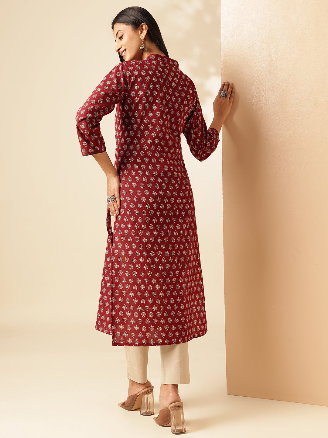 Maroon Floral Printed Straight Cotton Kurta