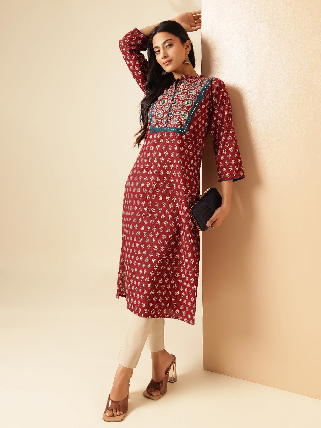 Maroon Floral Printed Straight Cotton Kurta