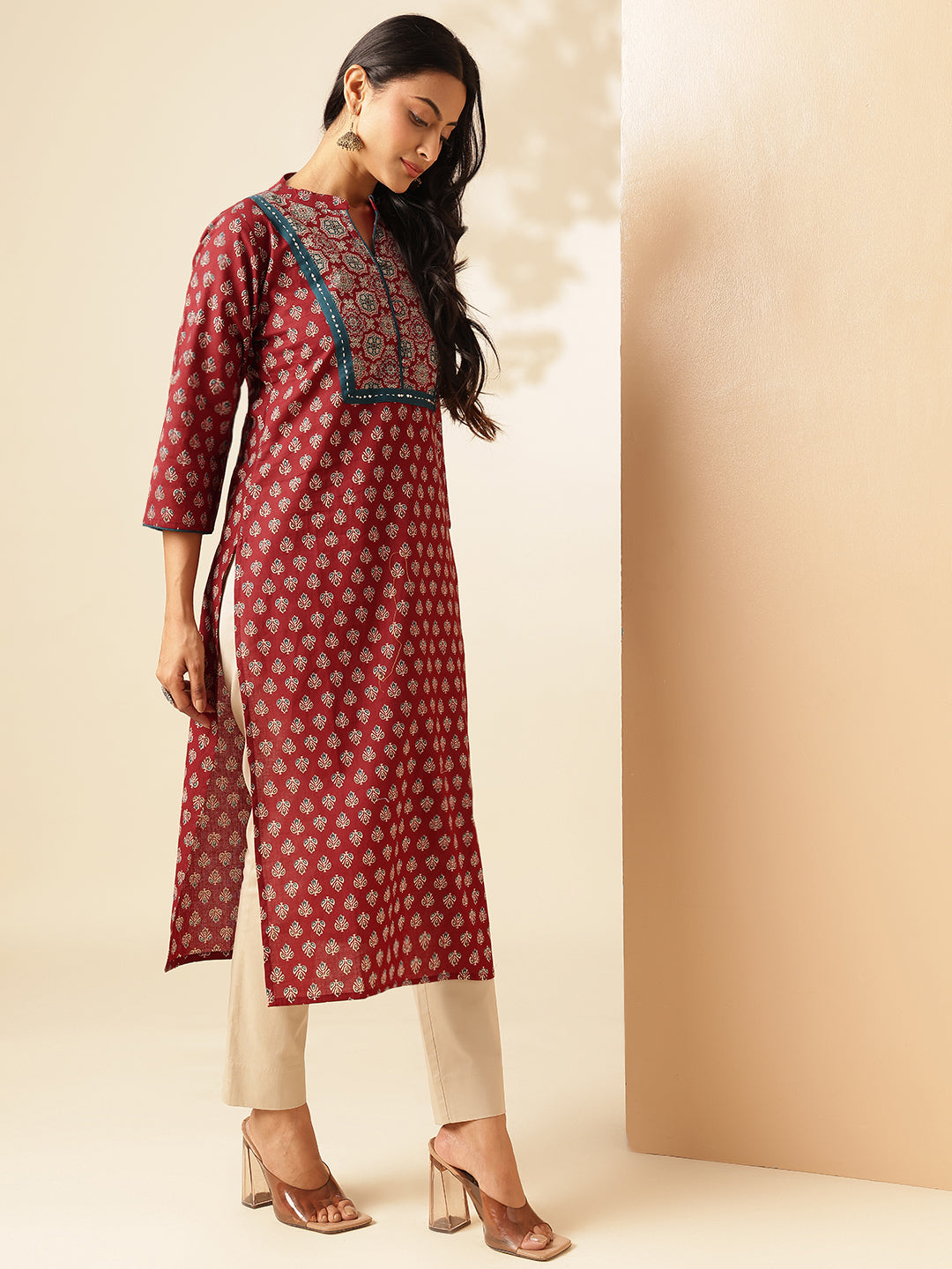 Maroon Floral Printed Straight Cotton Kurta