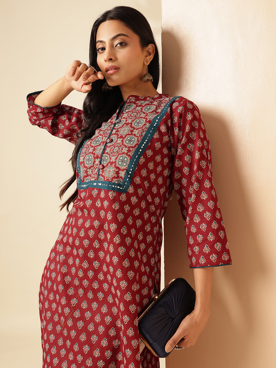 Maroon Floral Printed Straight Cotton Kurta