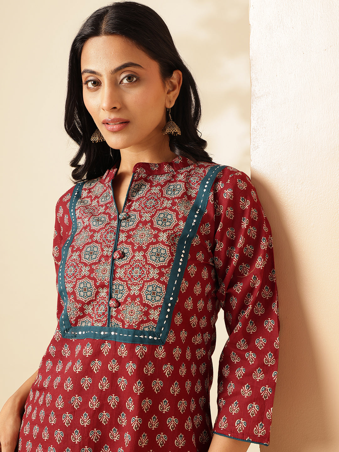 Maroon Floral Printed Straight Cotton Kurta