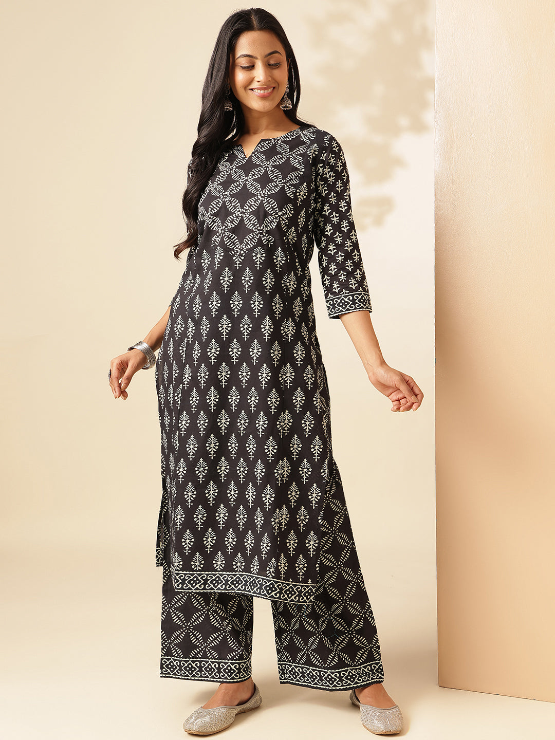 Black Cotton Floral Print Straight Kurta Set