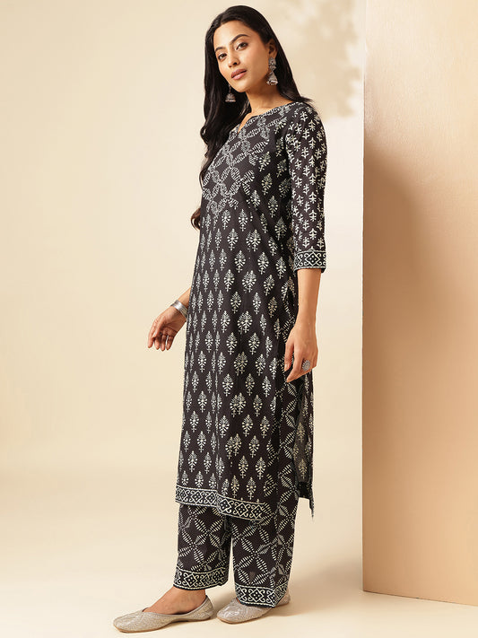 Black Cotton Floral Print Straight Kurta Set