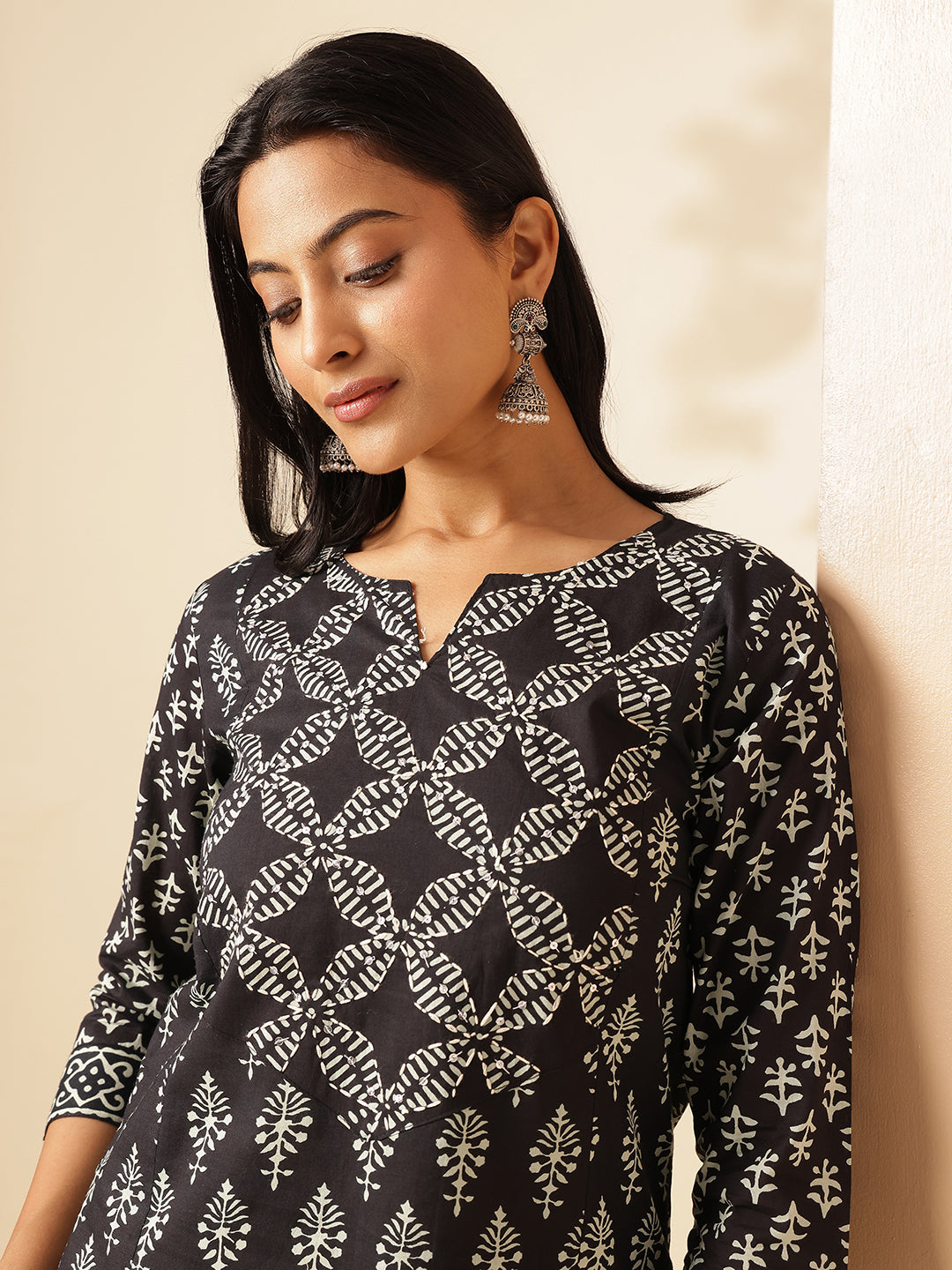 Black Cotton Floral Print Straight Kurta Set