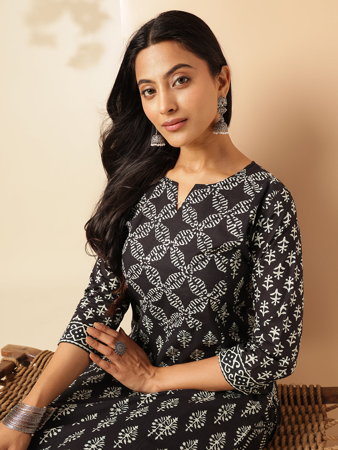 Black Cotton Floral Print Straight Kurta Set