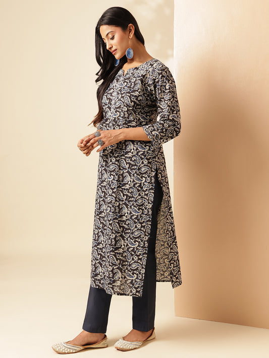 Black Paisley Printed Straight Cotton Kurta