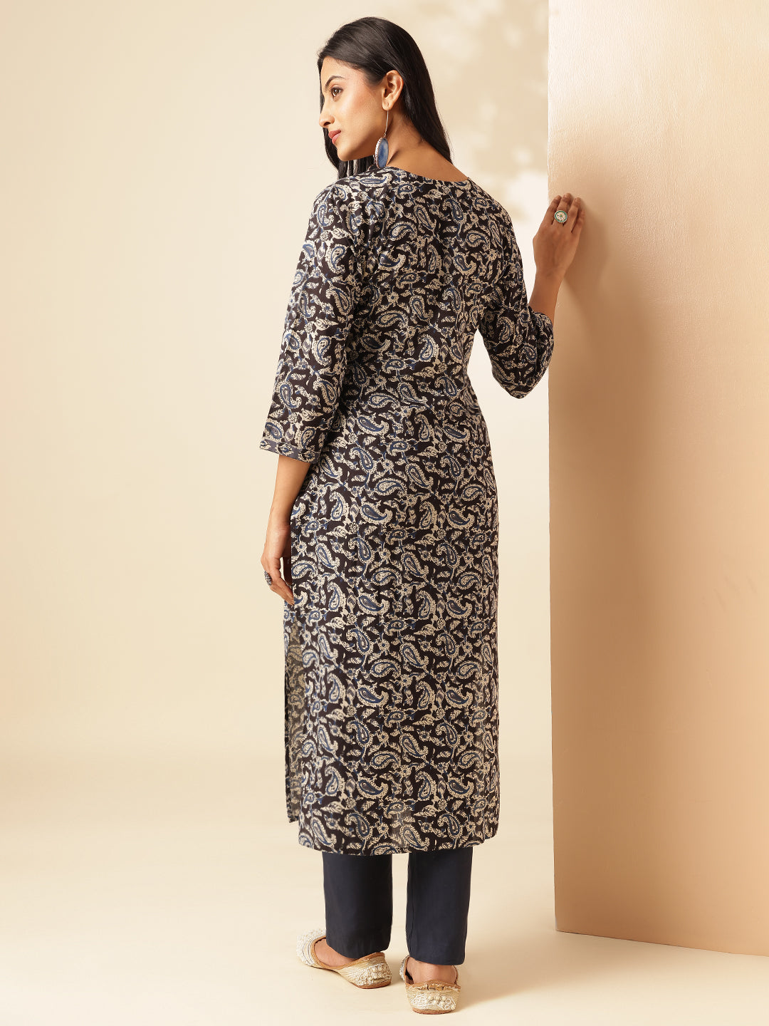 Black Paisley Printed Straight Cotton Kurta