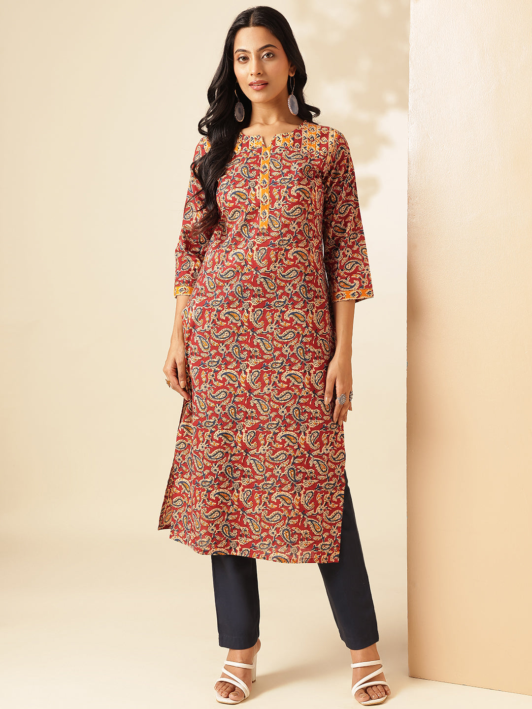 Red Paisley Printed Straight Cotton Kurta