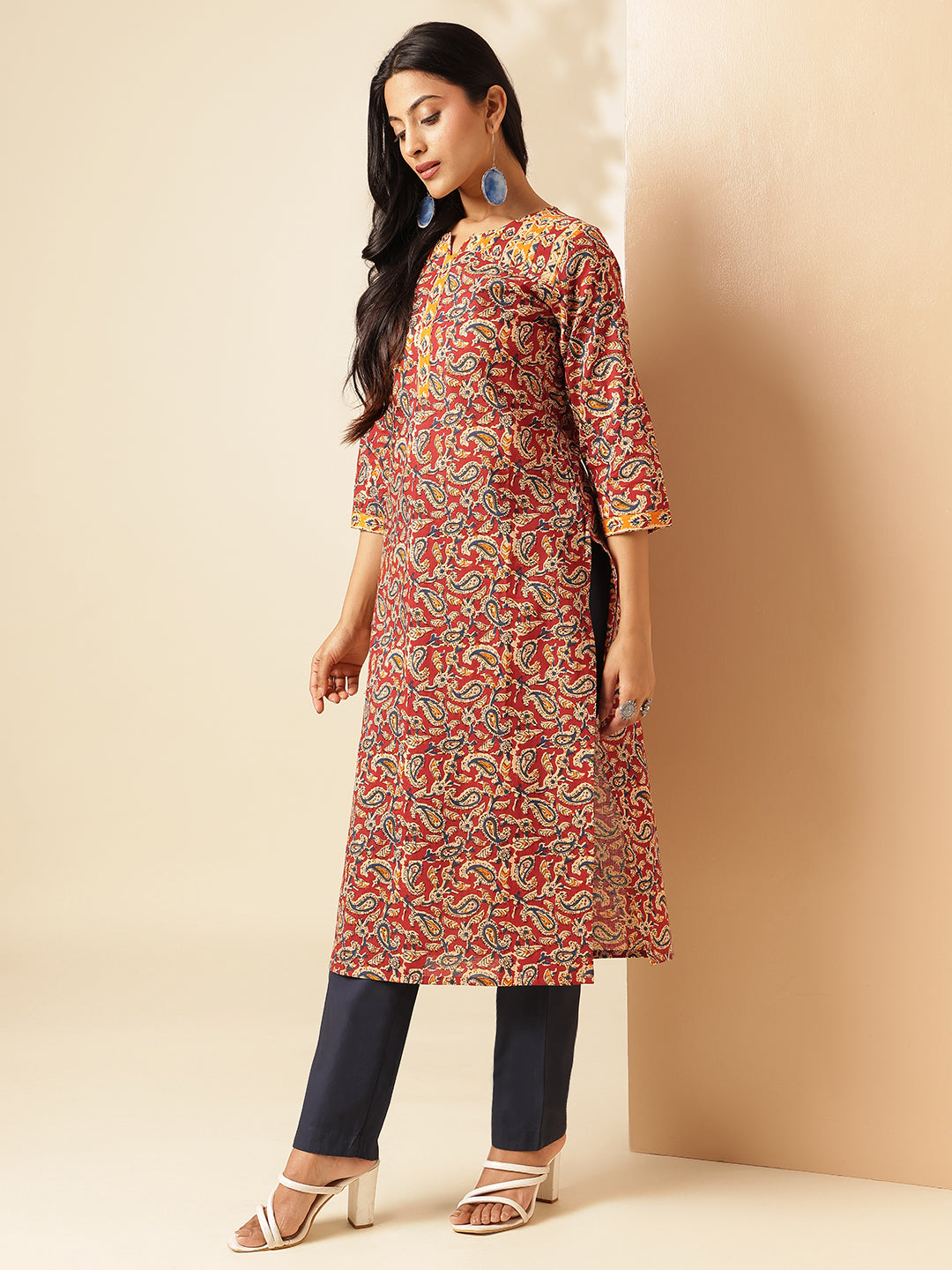 Red Paisley Printed Straight Cotton Kurta