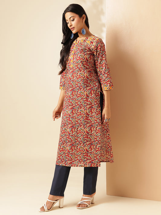 Red Paisley Printed Straight Cotton Kurta