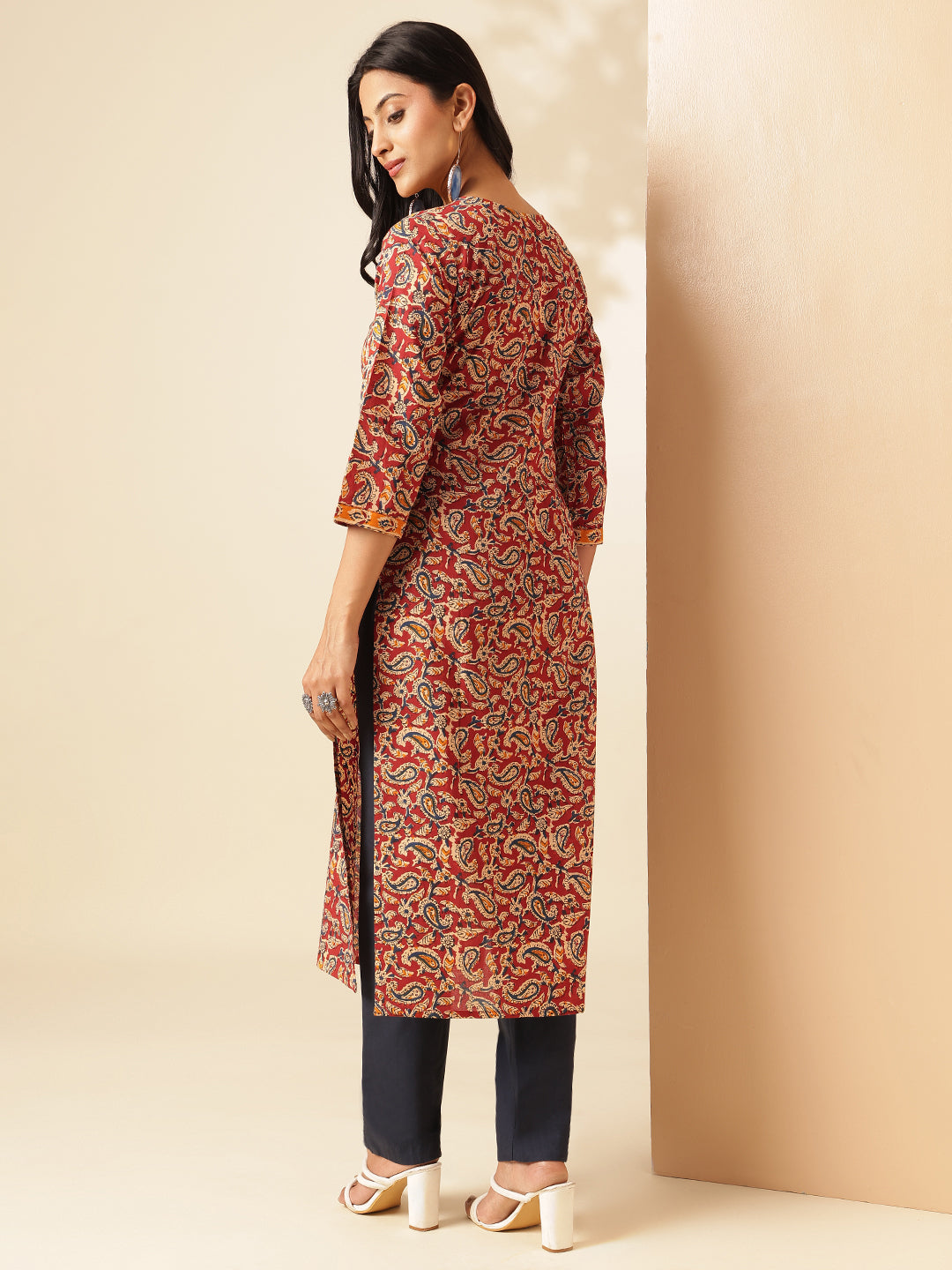 Red Paisley Printed Straight Cotton Kurta