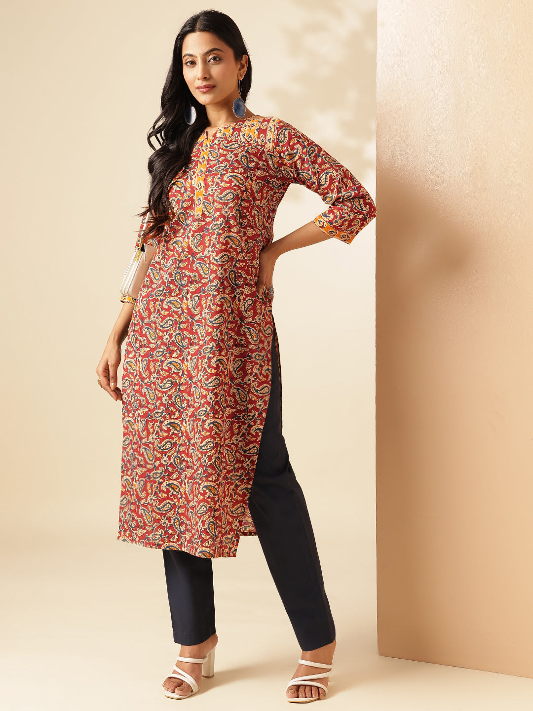 Red Paisley Printed Straight Cotton Kurta