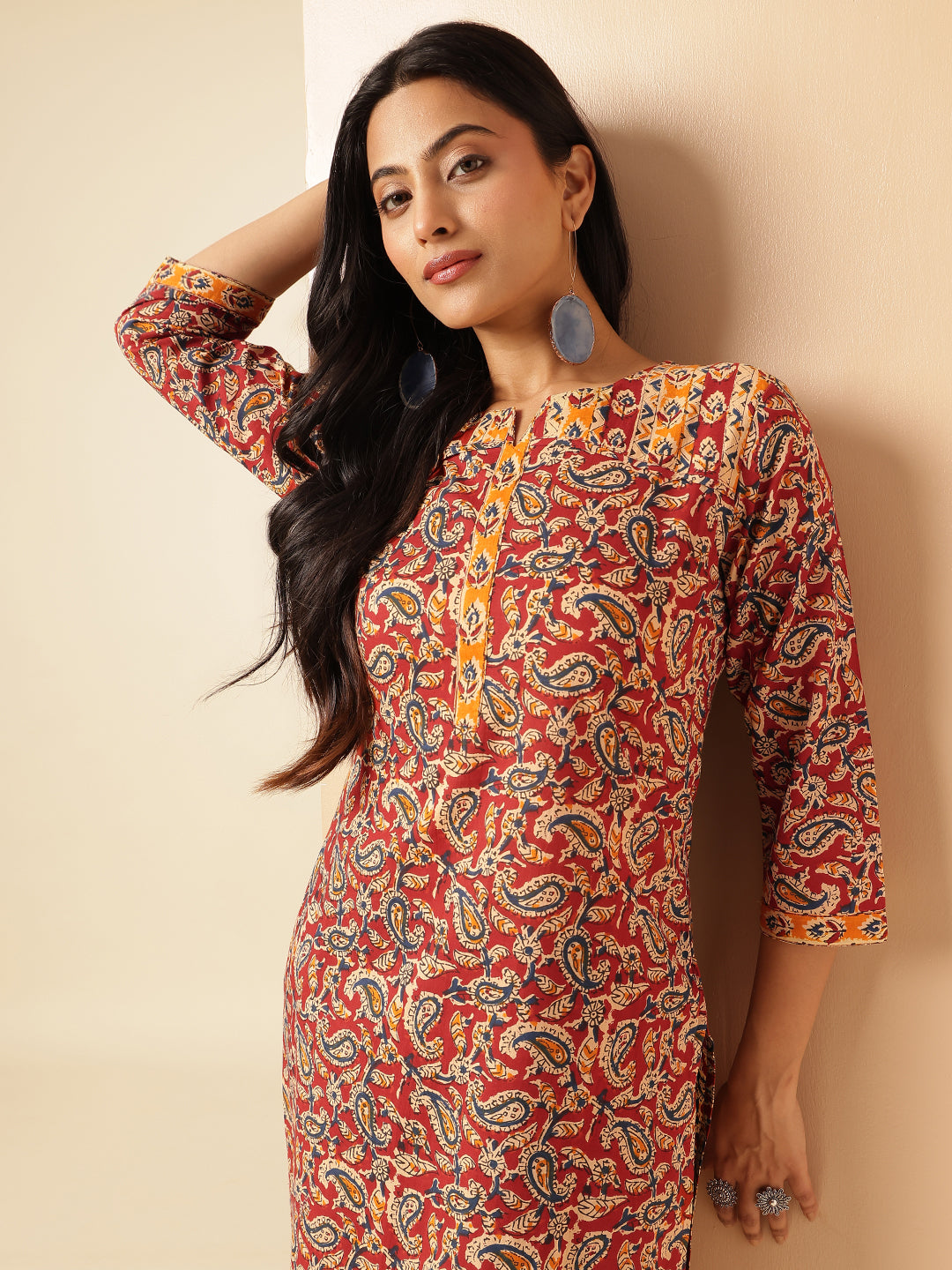 Red Paisley Printed Straight Cotton Kurta