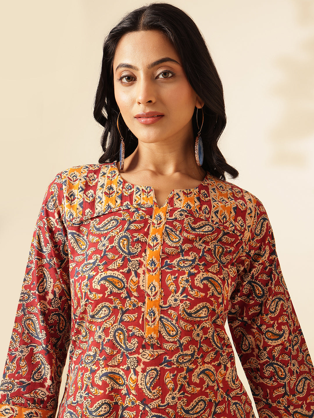 Red Paisley Printed Straight Cotton Kurta