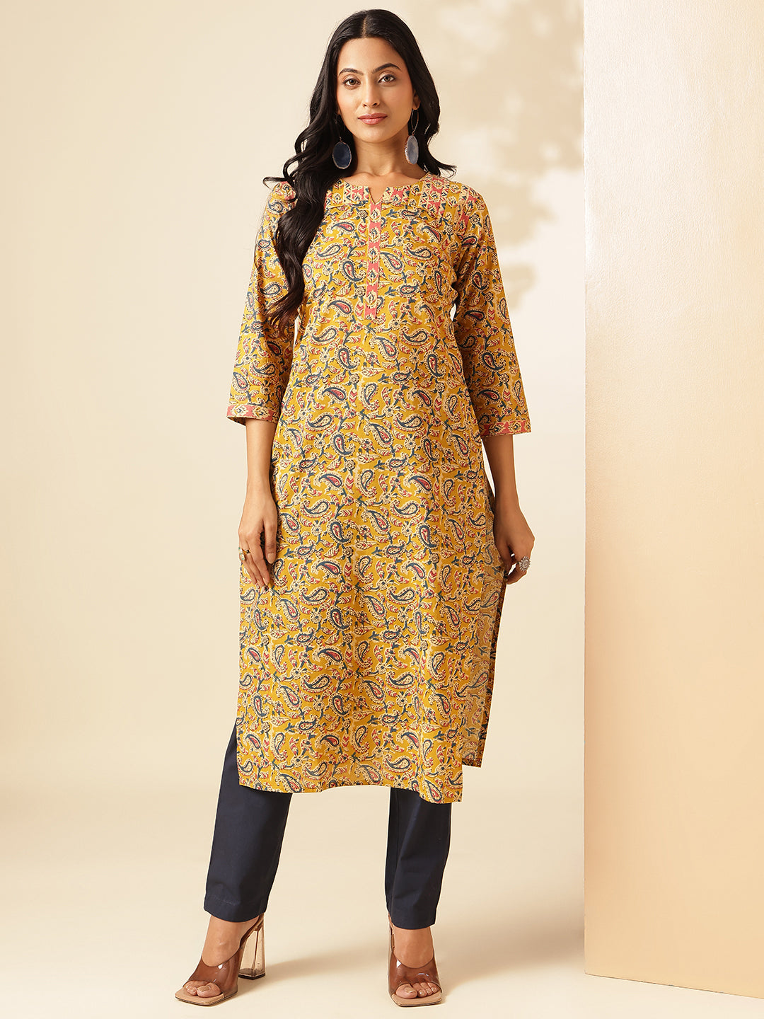 Yellow Paisley Printed Straight Cotton Kurta