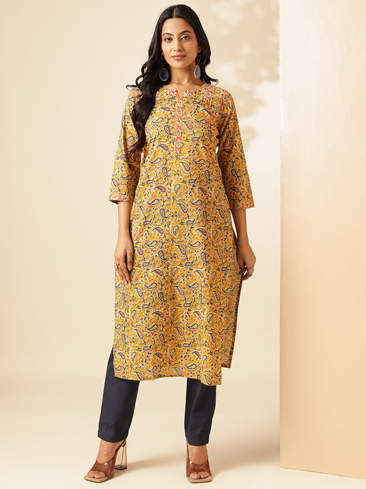 Yellow Paisley Printed Straight Cotton Kurta