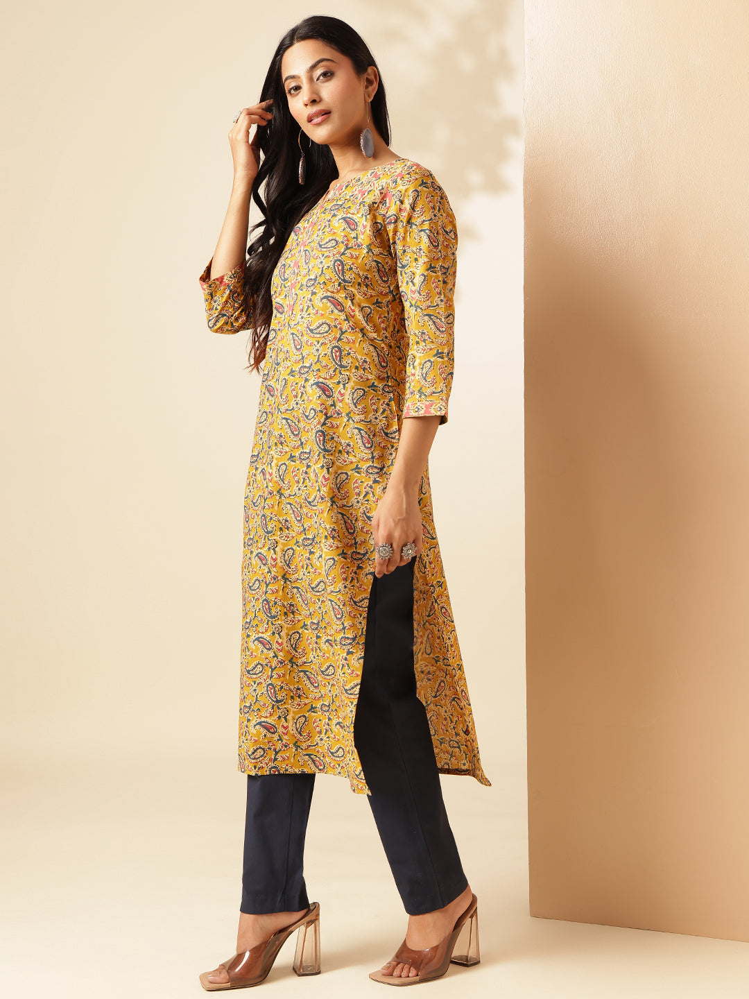 Yellow Paisley Printed Straight Cotton Kurta
