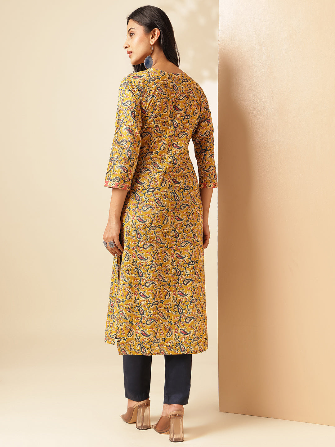 Yellow Paisley Printed Straight Cotton Kurta