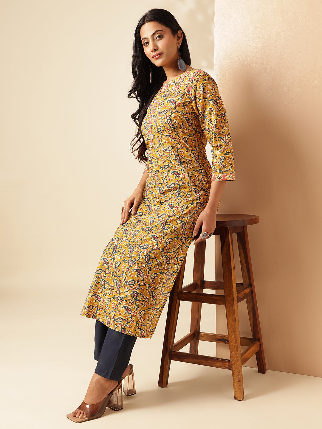 Yellow Paisley Printed Straight Cotton Kurta