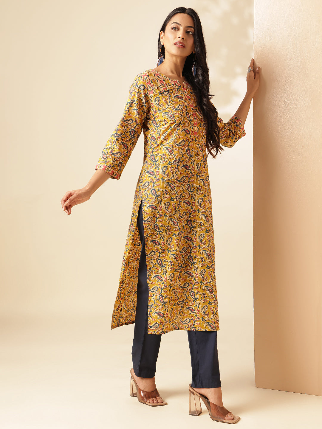 Yellow Paisley Printed Straight Cotton Kurta