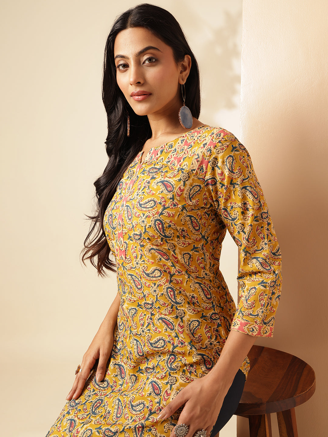 Yellow Paisley Printed Straight Cotton Kurta