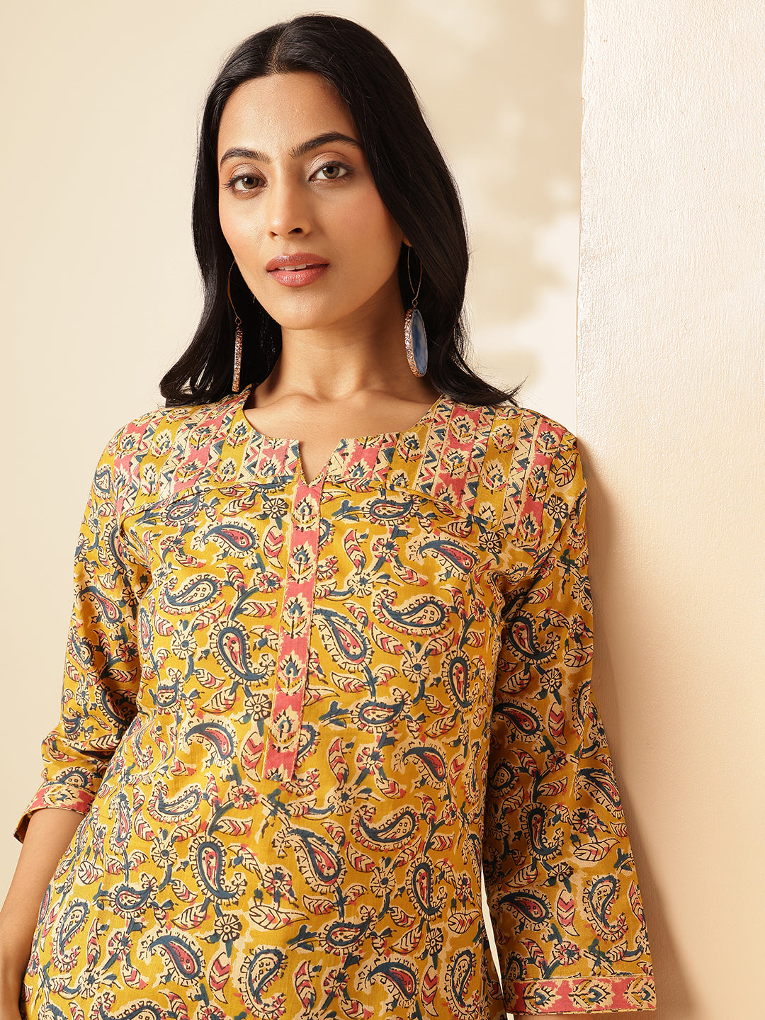 Yellow Paisley Printed Straight Cotton Kurta