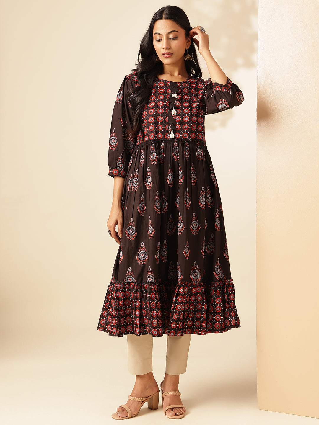 Black Floral Printed Anarkali Cotton Kurta