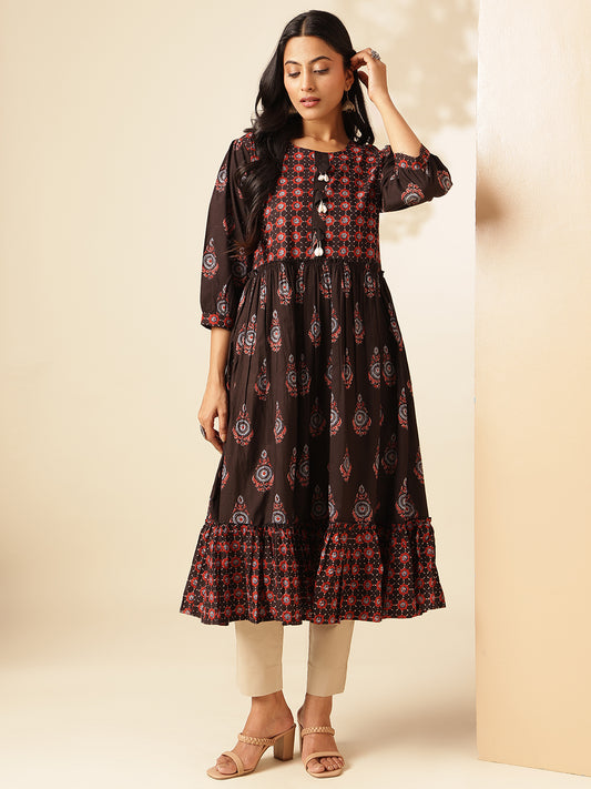 Black Floral Printed Anarkali Cotton Kurta