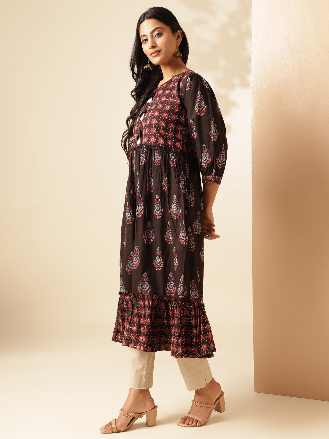 Black Floral Printed Anarkali Cotton Kurta
