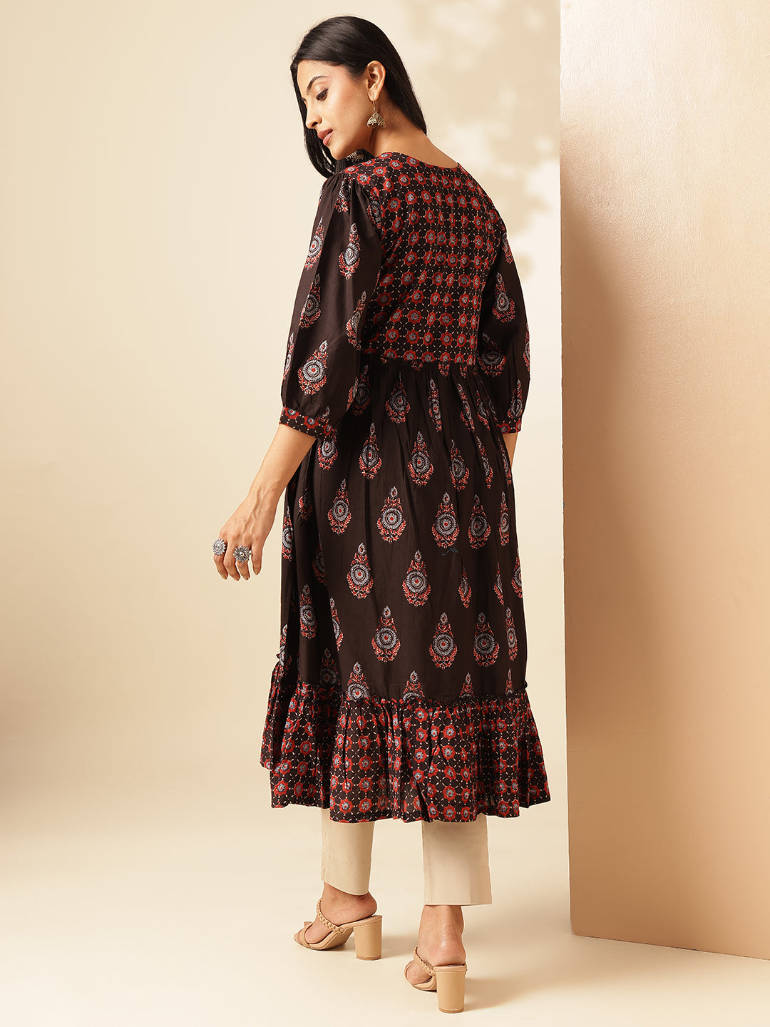 Black Floral Printed Anarkali Cotton Kurta