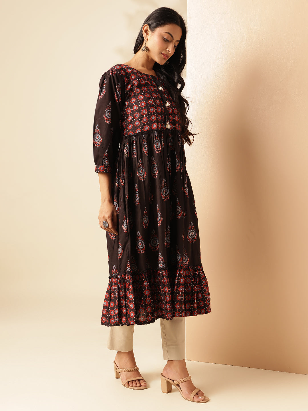 Black Floral Printed Anarkali Cotton Kurta