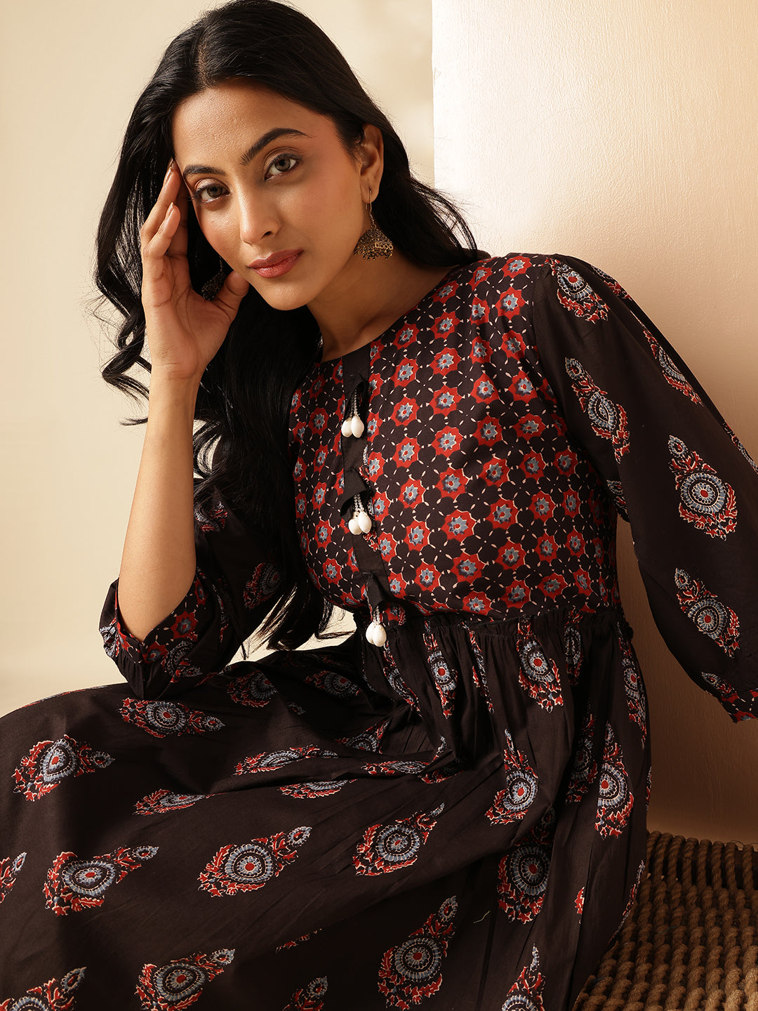 Black Floral Printed Anarkali Cotton Kurta