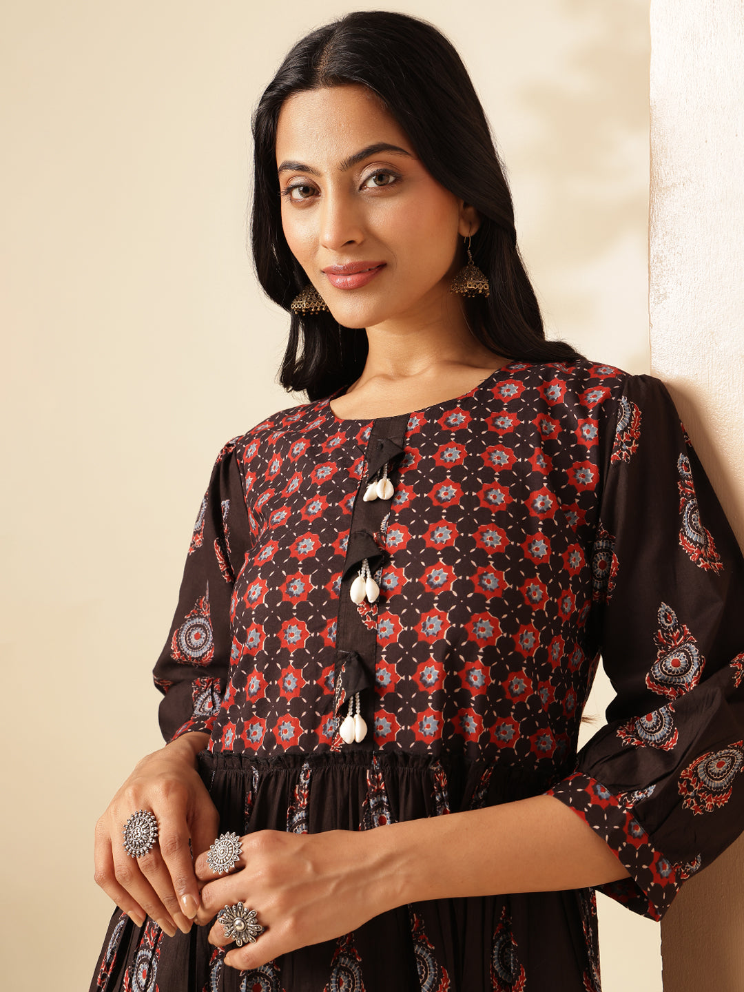 Black Floral Printed Anarkali Cotton Kurta
