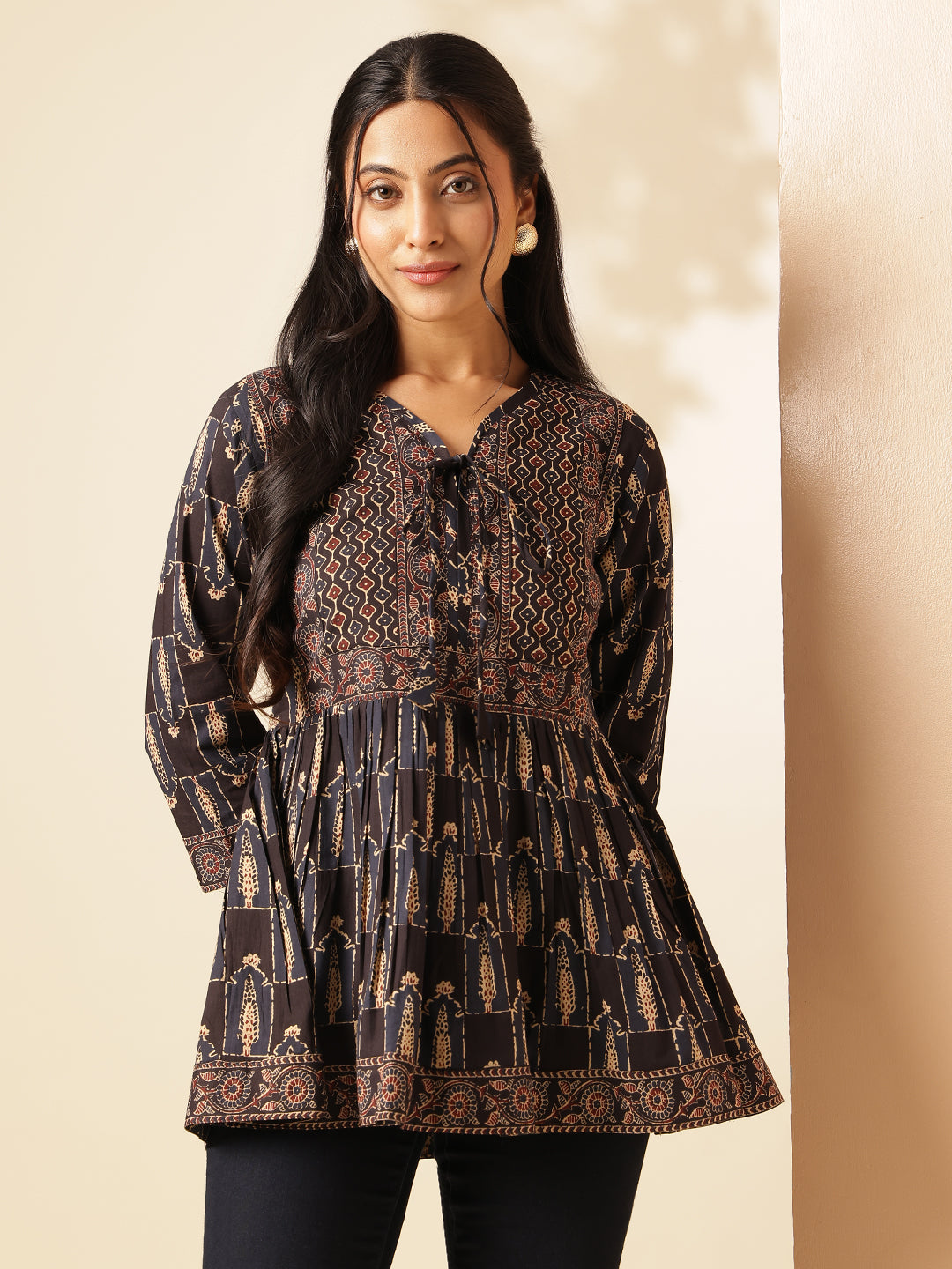 Black Floral Print Flared Cotton Tunic Top